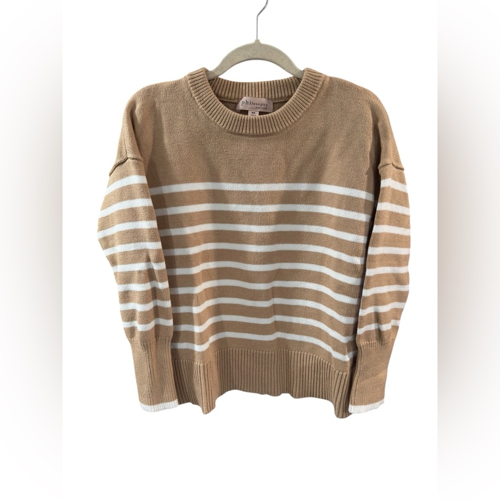 Philosophy Beige and White Striped Crew Neck Sweater
